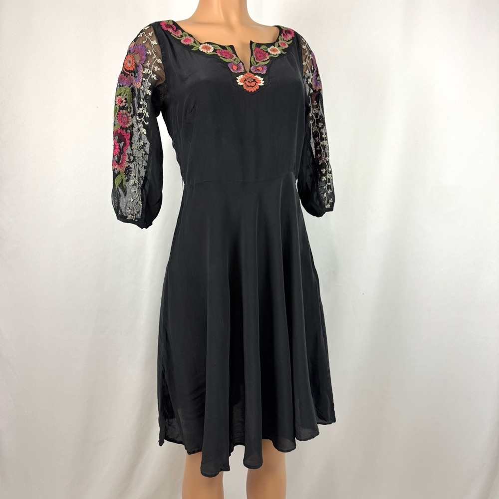 Anthropologie Mirabilis Floral Embroidered Silk Dress Fit Flare 3/4 Sleeve Sz 6